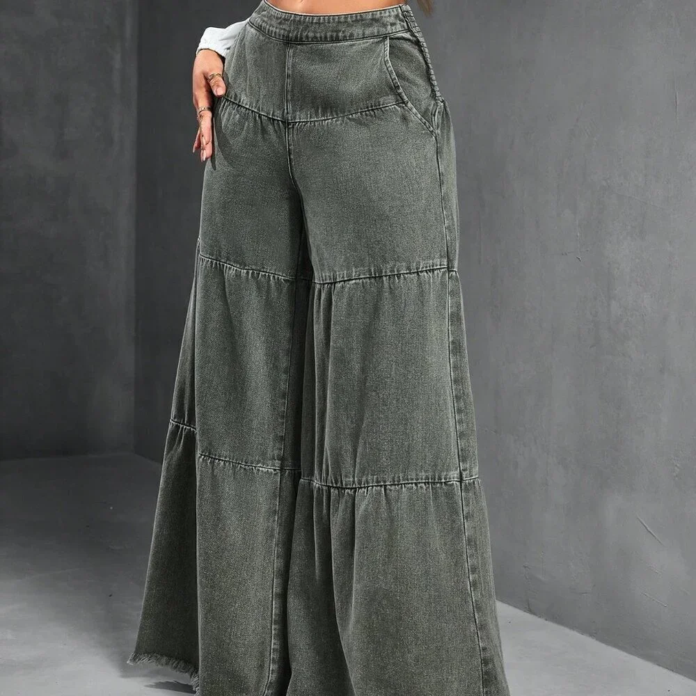 Army Green Women's Loose Boyfriend Style Distressed Hem Patchwork Denim Jeans